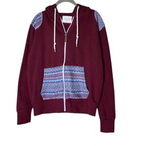 Full Zip Hoodie Medium Maroon Bohemian Patches Colorful Dark Red